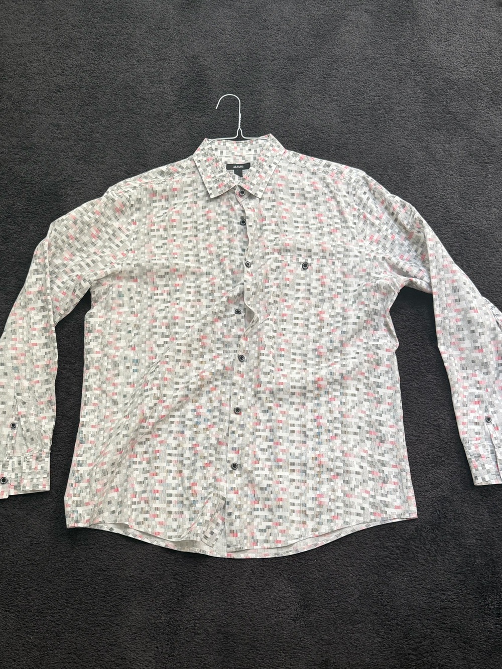 NEW Alfani White Button-Down Shirt with Pink & Gray Geometric Print